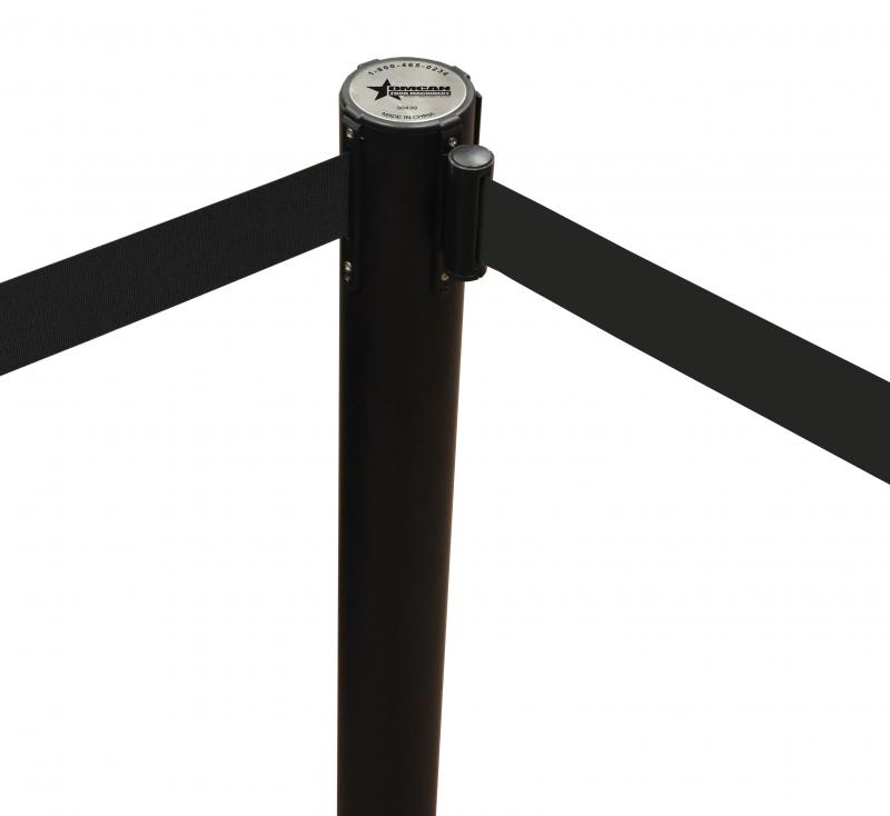 Black-Painted Steel Crowd Control System with Black Rectractable Belt Barrier
